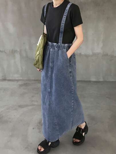 FRIFUL 女士休闲水洗牛仔背带裙 女装 女装 夏季女装 夏季套装 工作夏季连衣裙