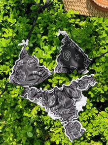 Comfortcana Women's Summer Beach Wear Shell Print Halter Bikini Set, Suitable For Holiday Wear - Black - View 6