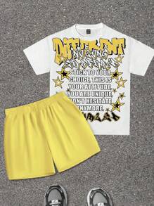 SHEIN 青少年男孩休闲简约圆领短袖 T 恤和短裤两件套，夏季