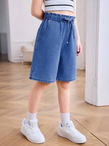 SHEIN Tween Girl Spring Summer Basic Casual High Waisted Loose Fit Ruffle Waist Drawstring Denim Shorts With Bowknot And Rolled Hem Pockets, Summer Beach Boho Vacation Comfortable Shorts, Summer Rave Concert Festival College Style - Dark Wash - View 5