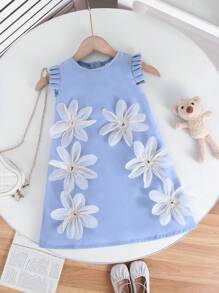 1pc Young Girl Sweet Floral 3D Decor Sleeveless Dress, Suitable For Outings, School, And Any Occasion - Blue - View 3