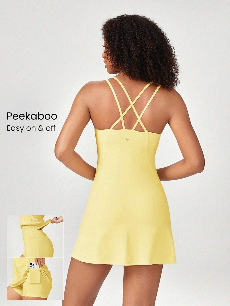 GLOWMODE Vestido mini activo con bolsillo, cuello cuadrado tipo "peekaboo", antiresbalante, con pantalón corto integrado de soporte ligero de baja intensidad, vestido de primavera y verano GLOWMODE FeatherFit™-Air