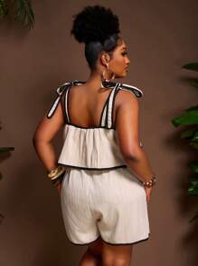 Veslaya 2025 Autumn & Winter New Arrivals, Women's Fall/Winter Clothes, Halloween, Music Festival, Easter, Western Style, Nomadic Style, Birthday Party, Graduation, Student Wear, Daily Casual, Vacation, Cruise Travel, Beach, Sunbathing, Fashionable, Plus Size Women Khaki Ribbed Texture Camisole Jumpsuit With Black Contrast Valentine's Day Outfit - Khaki - View 2