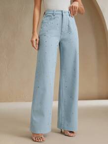 Anewsta Rhinestone-Embellished Straight-Leg Pink Jeans For Women - Blue - View 5
