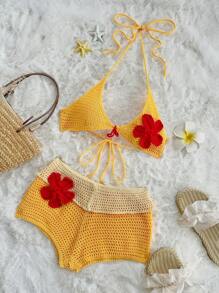 SHEIN ICON 女士夏威夷可爱外出时尚度假黄色钩针性感挂脖 V 领 3D 花卉装饰挂脖钩针比基尼毛衣上衣 - 彩色 - 查看 4