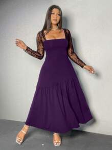 Viva Relle Plus Size Lace Sleeve A-Line Solid Color Jumpsuit Dress Fall Cloth For Women - Purple - View 5