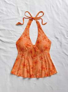 Soleia Plus Size Women Floral Print Halter Tie Neck Blouse, Suitable For Summer - Multicolor - View 4