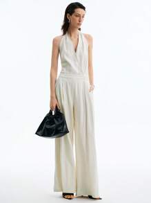 Aalyst Women's Casual V-Neck Sleeveless Linen Romper With Belt And Pockets, Summer, Apricot Color - Apricot - View 3