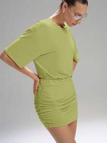 LYSMO 2025 New Arrival Women's Solid Color Round Neck Short Sleeve Fitted Short Mini Dress - Lime Green - View 5