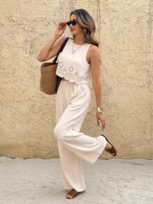 SHEIN Frenchy 2 pezzi/set Top e pantaloni con vita elastica e pizzo traforato per donne - Albicocca - Visualizzare 3