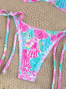 Swim Mod 1 Set Women's Beach Vacation Ocean Life Printed Metallic Decor Lace-Up Halter Sexy Bikini Set
