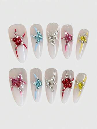 Kawaii Y2K Fashion Colorful Star-Shaped Acrylic False Nail Tips, Handmade Punk Style Oval Nail Decor