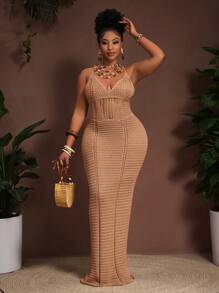 Váy suông hở eo bằng vải kaki dệt kim phong cách Bohemian dự tiệc thường ngày xuân/hè 2025, cỡ lớn dành cho nữ - Màu be - Xem 1