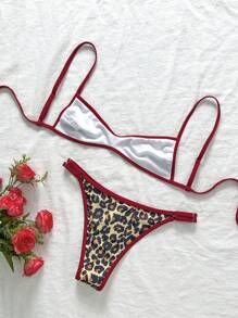 Swim Vcay Conjunto de bikini sexy con estampado de leopardo y flores aleatorias con tirantes de espagueti para mujer en verano