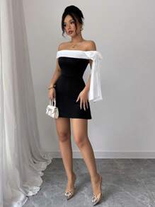 Rafferiza Vestido de verano modesto con escote descubierto, ajustado, con acento de lazo de color contrastante, para salir - Negro - Ver 3