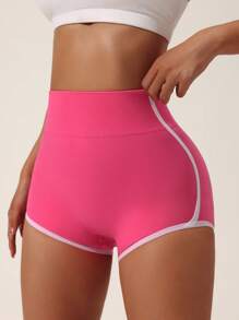 SHEIN Sports Seamless Contrast Color Trim Elastic Sports Shorts For Fitness Workout Short - Hot Pink - View 6