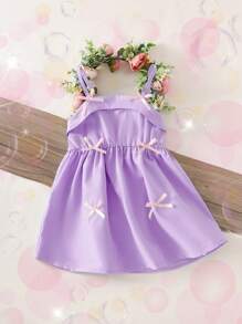 Vestido de tela de niña bebé de azul cielo sin mangas con estampado de lunares y moño, adecuado para el verano - Morado - Ver 5