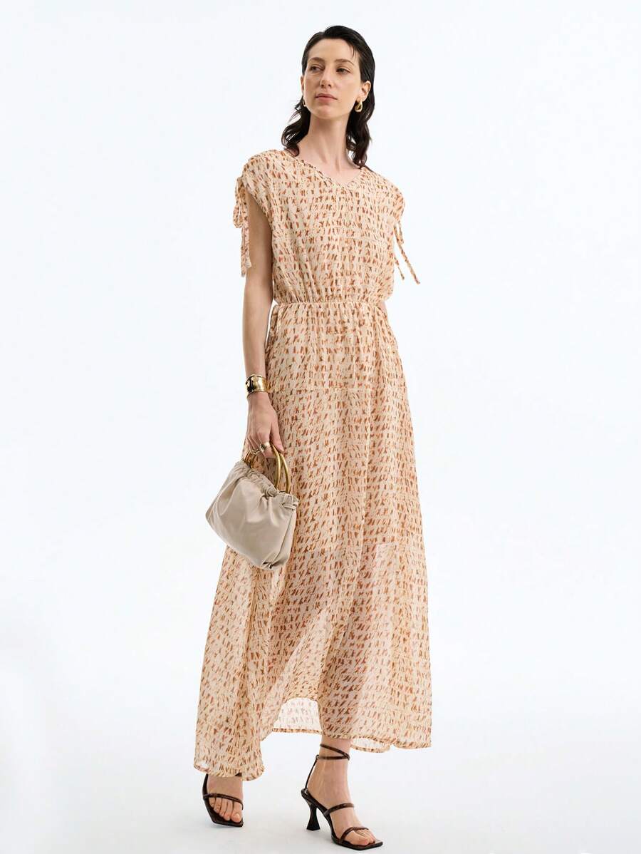 Aalyst 女士优雅时尚通勤休闲舒适迷人复古浪漫度假 V 领无袖收腰 A 字下摆连衣裙 - 棕色 - 查看 1