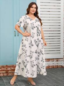 Lacomfia Plus Size Women Elegant Flower All-Over Print Arabic Style Dress - Multicolor - View 5