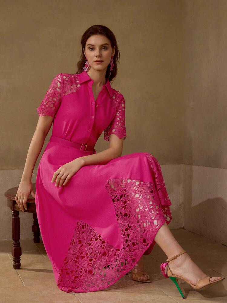 ELEGANT & CHIC EMBROIDERED LACE HOLLOW OUT SHORT SLEEVE CINCHED WAIST BUCKLE BELTED SHIRT DRESS