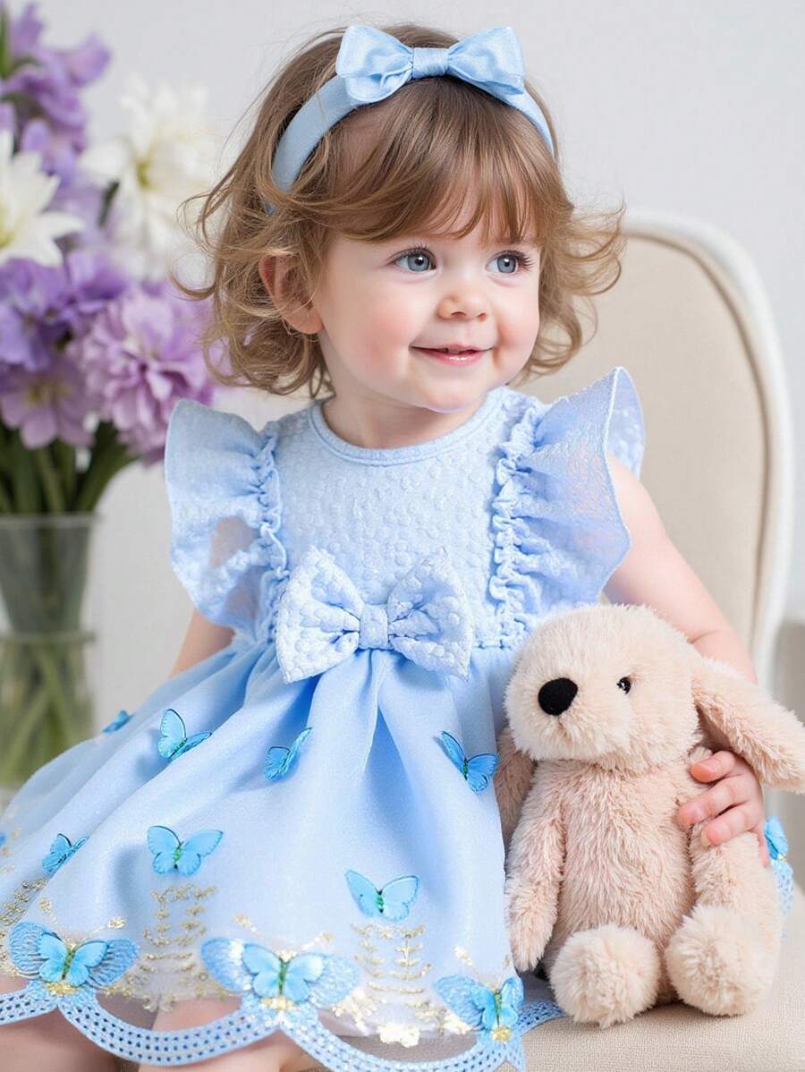 Souflis Souflis Gaun Bayi Perempuan Kontras Mesh Ruffle Bow Depan Butterfly - Biru - View 1