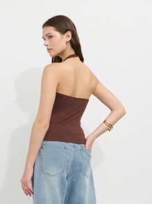 Nöista Women's Dark Brown Summer Casual Everyday Fitted Asymmetric Silhouette Top,Smooth Stretch-Knit Fabric Asymmetric Neckline With Chain Strap,Breathable - Coffee Brown - View 2