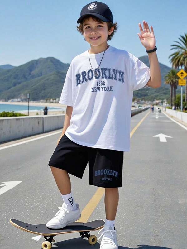 Set de 2 piese cu tricou și pantaloni scurți cu mânecă scurtă, model casual sport Brooklyn 1980, cu litere și numere, pentru băieți preadolescenti, ținută minimalistă de vară la modă
