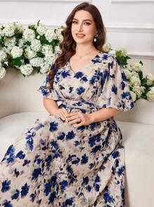 Modelyn 大码女式优雅印花A字腰收腰连衣裙 - 彩色 - 查看 5