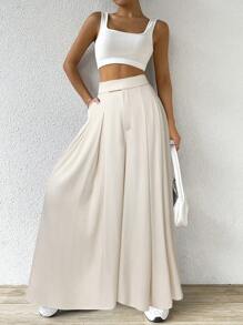 SHEIN EZwear 大码女式褶皱阔腿裤，休闲纯色，春夏 - 杏色 - 查看 3