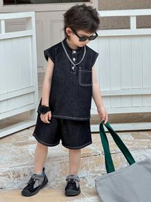 DAZY 男童休闲洗水背心短裤牛仔套装 - 深色水洗藍 - 查看 5