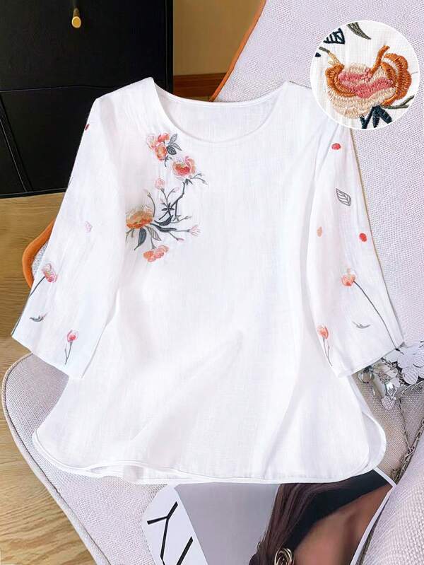 Linhara Plus Size Blouse With Heavy Embroidery, Bohemian Style, Casual & Elegant