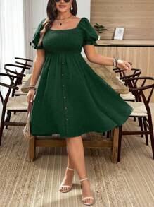Breezaya Plus Size Women's Solid Color Faux Denim Puffy Sleeve Decorated Button Front Dress - Dark Green - View 5