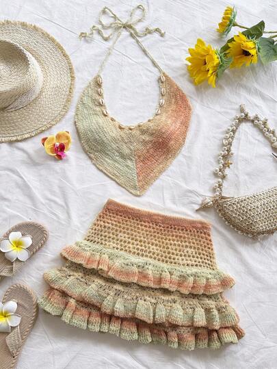 Soleia 休闲度假西部海滩婚礼宾客装、毕业早午餐、圣帕特里克节春假复活节音乐节、优雅波西米亚热带垂坠领口荷叶边两件套针织套装，适合春夏季