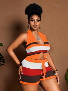 Maweii Plus Size Women's Sweater Set Orange,Summer,Smart Casual,Vacation,Holiday Ice Silk Halter V-Neck Top&Drawstring Shorts Slim Knit Two Pieces Boho - Multicolor - View 7