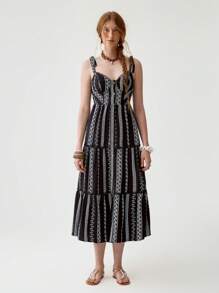 Florisole Vestido con tirantes finos, volantes y patchwork con estampado de rayas negras de estilo bohemio para mujer - Negro - Ver 3