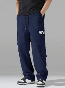Manfinity Hypemode Pantalones casuales de hombre con estampado de letras y cordón en la cintura con bolsillos