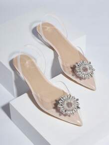 CUCCOO SZL Woman Shoes Rhinestone Decor Point Toe Glamorous PVC Slingback Beige Flats For Summer Vacation Shoes Elegant Flats Back To School Shoes College Student Shoes Party Baddie Chic Gorgeous Style Disco Party Night Out Spring Shoes Spring Break Easter For Christmas Spring Shoes - Clear - View 6