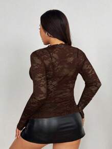 SHEIN Tall Áo thun tay dài cổ tròn ren mỏng gợi cảm cỡ lớn cho nữ, phong cách tối giản giản dị - màu nâu - Xem 2