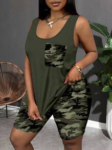 SHEIN Slayr Bộ 2 món cỡ lớn, họa tiết ngụy trang tối giản giản dị, thích hợp cho mùa hè - Nhiều màu - Xem 8