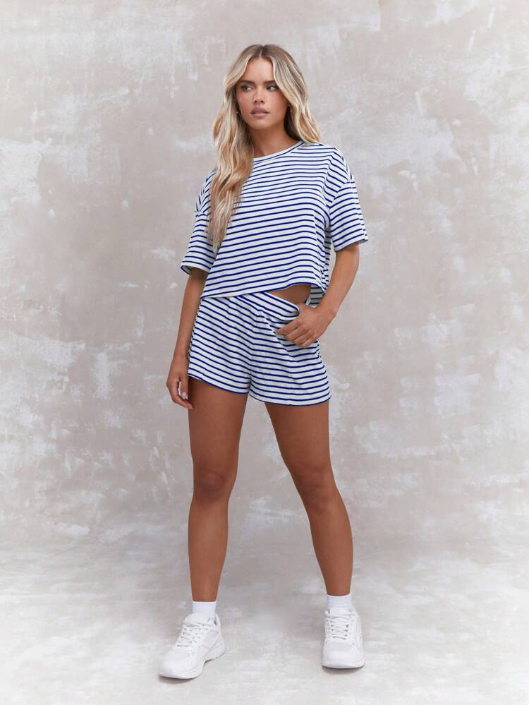 MISSGUIDED Conjunto de Verão de Praia com Camiseta e Short, Estampado com Listras Náuticas, Coordenado, Leisurewear para Férias