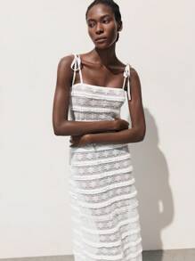 Maija Women's Vacation Sexy Solid Color Sheer Lace Cami Dress White Lace Dress White Crochet Dress White Mesh Dress Resort Wear - White - View 1