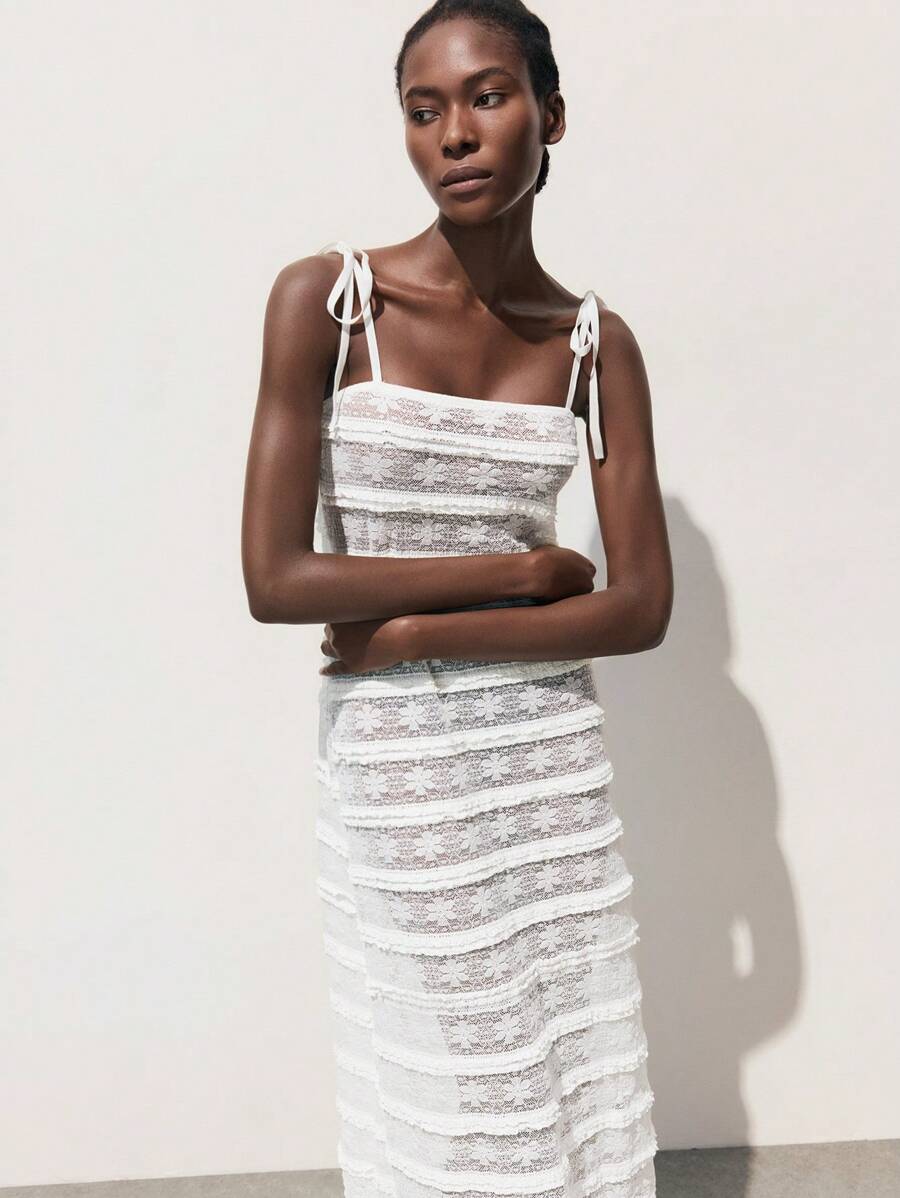 Maija Women's Vacation Sexy Solid Color Sheer Lace Cami Dress White Lace Dress White Crochet Dress White Mesh Dress Resort Wear - White - View 1