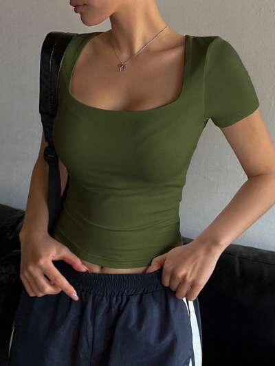 Women's Summer Square Neck Short Sleeve Pure Simple Sexy Crop T-Shirt, Casual Fitted