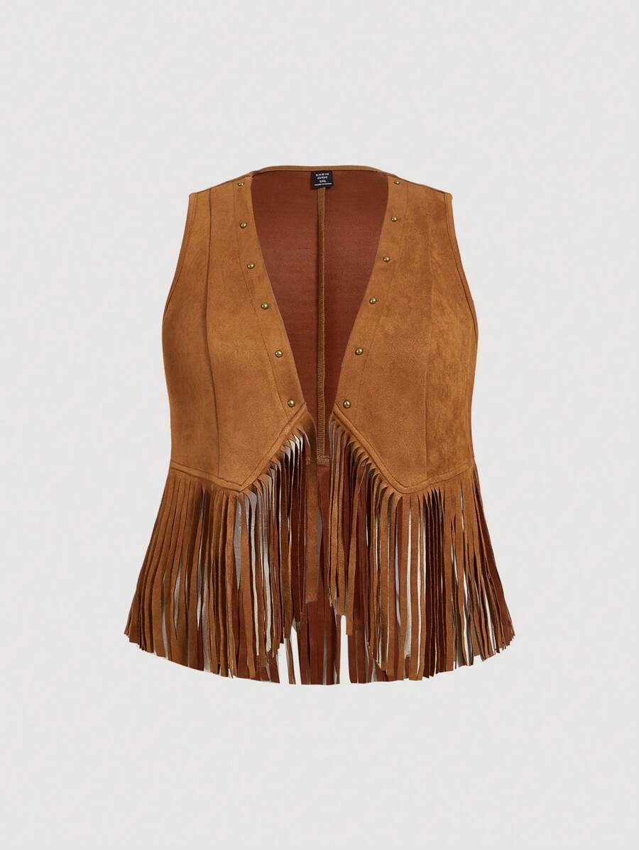 SHEIN MOD Plus Size Women's Solid Color Sleeveless Faux Suede Fringe Hem Casual Jacket, Resort Wear,Fall Women Clothes, Women,Rave Festival Outfits,Concert Women Outfit,70S Outfits,Vintage Outfits,Renaissance Outfits,Fall Jacket,Going Out Outfits Winter Autumn