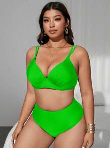 SHEIN Swim Curve Set da 2 pezzi di costumi da bagno a vita alta e triangolo con ferretto, per taglie forti, colore unito, accessorio regolabile, elegante, di moda, sexy, casual, adatto per spiaggia e vacanze