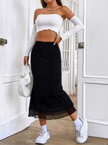 SHEIN EZwear High Waist Mermaid Hem Skirt - Black - View 3