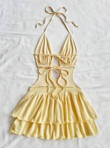 Soleia 女士度假白色针织纹理深 V 领露背系带荷叶边下摆迷你连衣裙，性感、派对、约会、下午茶、城市、节日、海滩夏季服装 - 黃色 - 查看 2