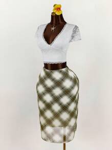 Amplova Eleganter olivgrüner karierter Chiffon Midirock für Damen mit Schlitzdetail