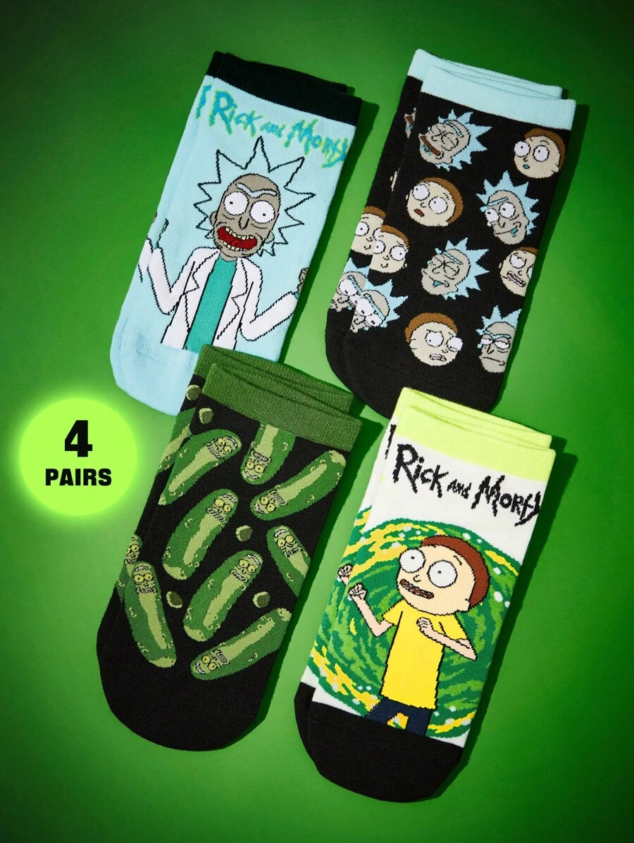 Rick and Morty X SHEIN 4 Pairs Soft Breathable Moisture-Wicking Women Short Socks, Reinforced Toe & Heel For Durability, Suitable For Spring, Summer, Autumn, Winter, Black & Blue Unisex Socks - Multicolor - View 1