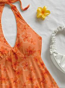 Soleia Plus Size Women Floral Print Halter Tie Neck Blouse, Suitable For Summer - Multicolor - View 5